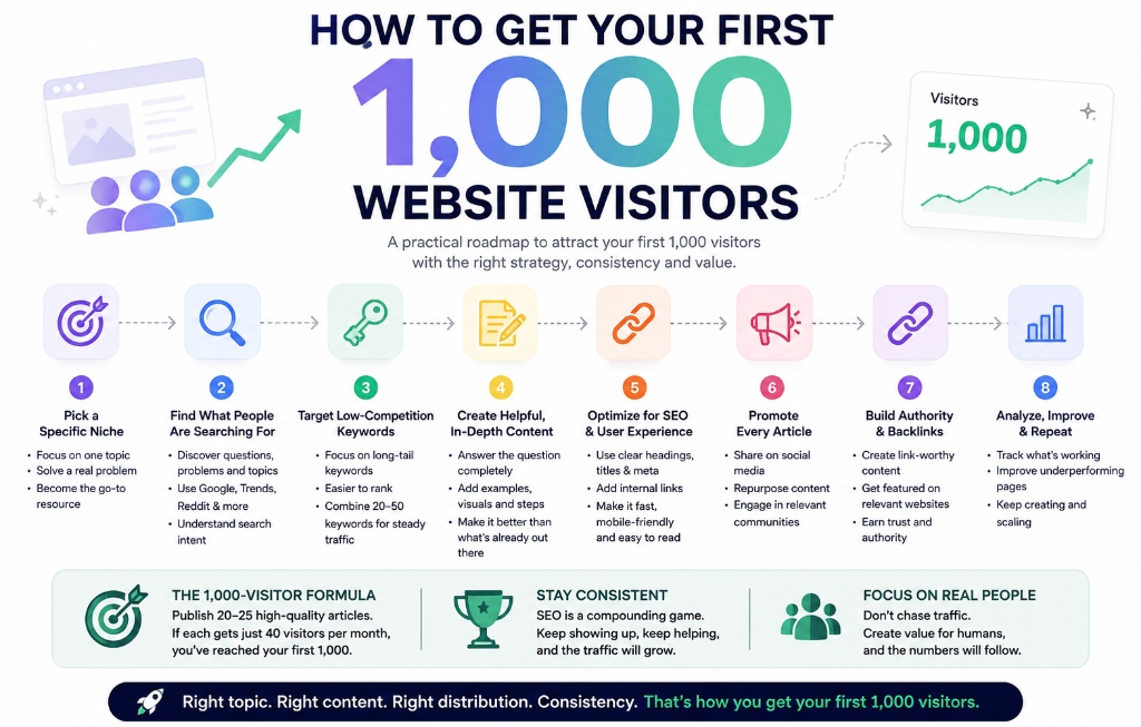 How to Get Your First 1,000 Website Visitors (Organic PR & SEO Playbook)